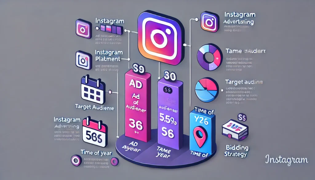 Breakdown of Instagram advertising costs, showcasing different factors like ad placement, target audience, and bid strategy, with a bar chart.