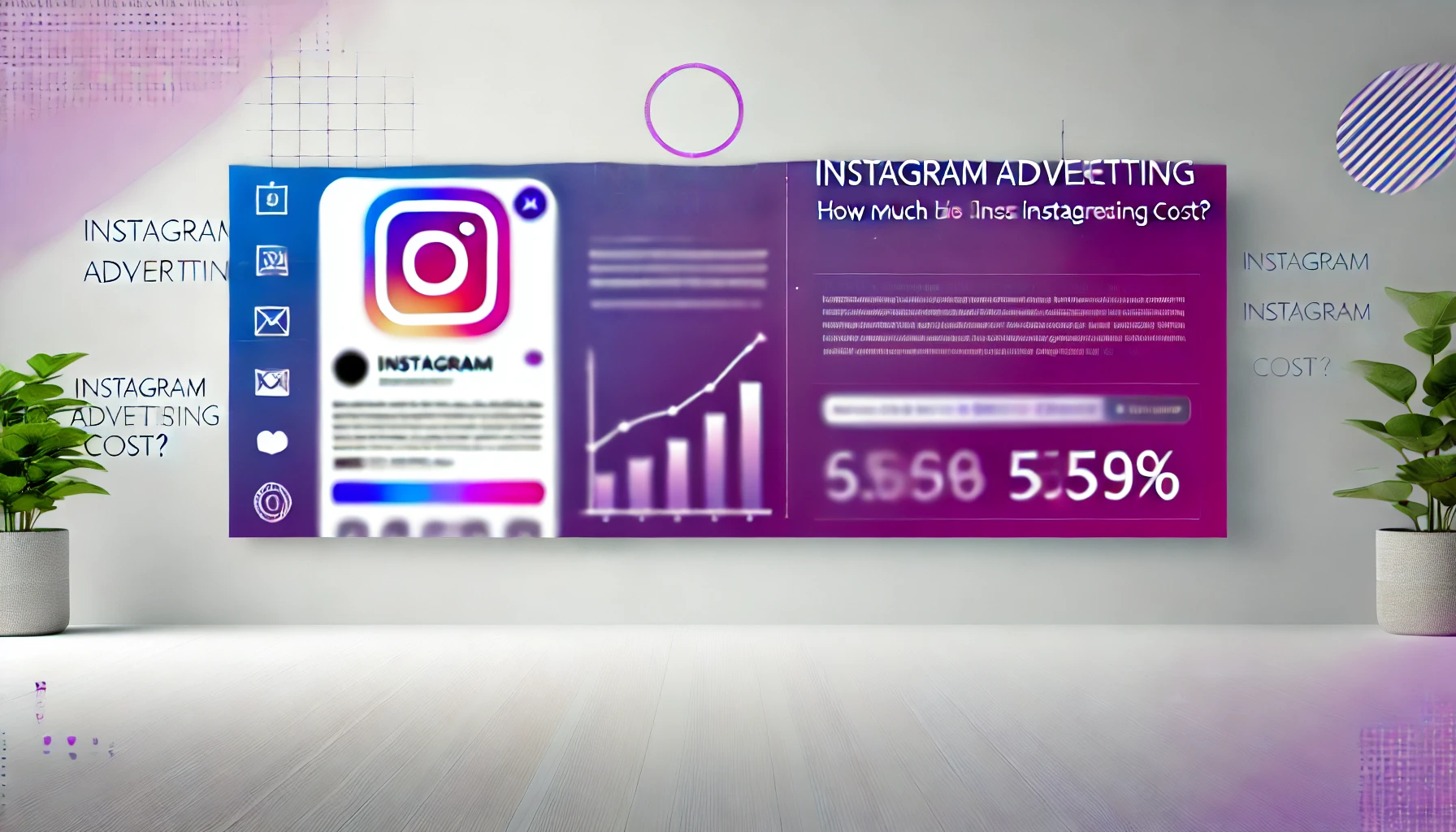 Instagram advertising cost featured image with Instagram logo, ad symbol, and pricing chart in purple, pink, and blue tones for digital marketing article.