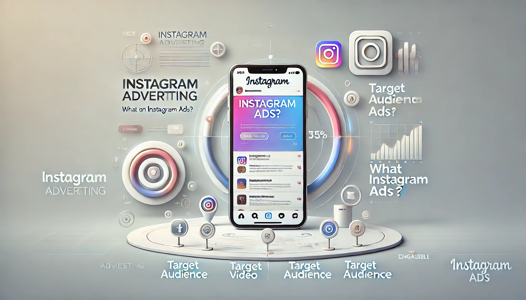 Illustration of Instagram Advertising showcasing various ad formats like photo, video, and carousel within the Instagram app interface, highlighting 'Instagram Advertising: What are Instagram Ads?