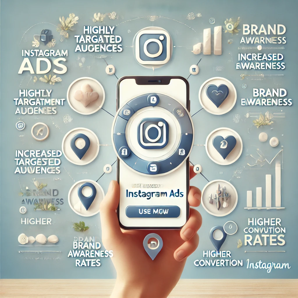 A professional illustration showing the benefits of Instagram advertising, including targeted audiences, increased engagement, brand awareness, and higher conversion rates.