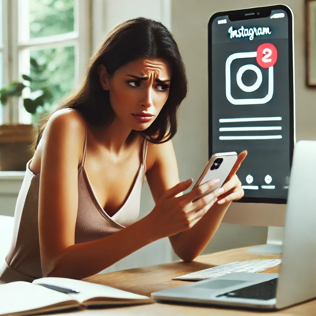 Frustrated woman looking at her phone or computer with Instagram icon, representing difficulty contacting Instagram Customer Service for business account issues.