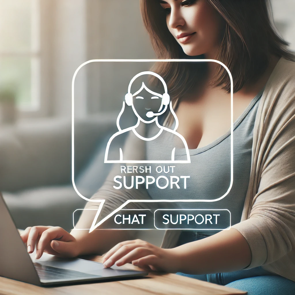 chat support feature while working on her laptop, representing the difficulty of contacting Instagram Customer Service for business account issues.