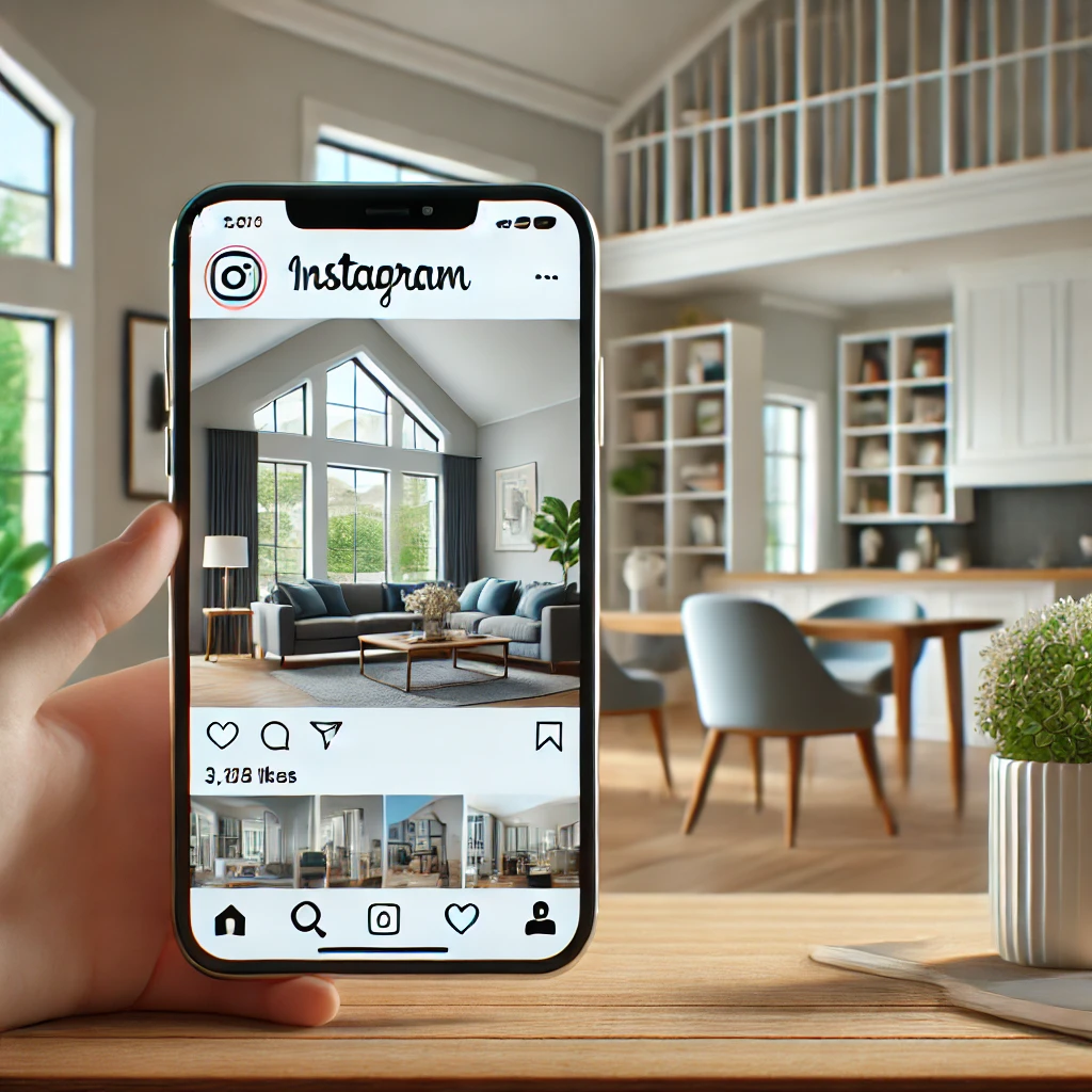 A modern real estate agent showcasing a beautiful home on a smartphone screen with the Instagram app open, representing social media marketing strategies for real estate in 2024.