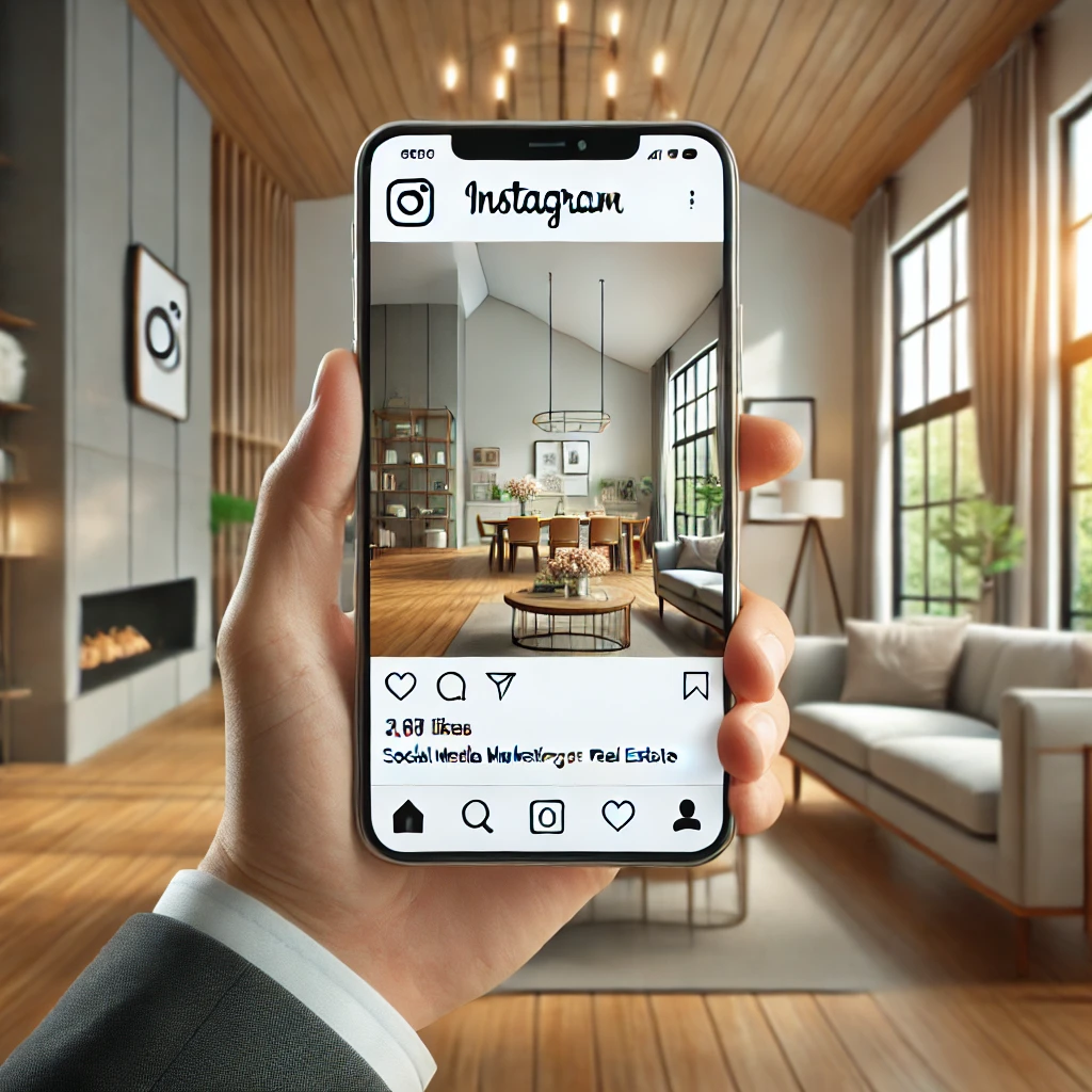 Real estate agent showcasing a modern house on a mobile phone screen with the Instagram app open, indicating social media marketing strategies for real estate.