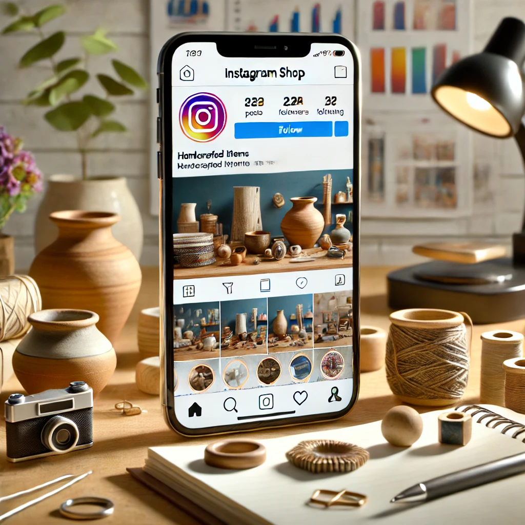 A smartphone displaying an Instagram shop for handcrafted items, featuring products like pottery, jewelry, and home decor. The background includes a workspace with crafting materials, highlighting the artisanal nature of the products.