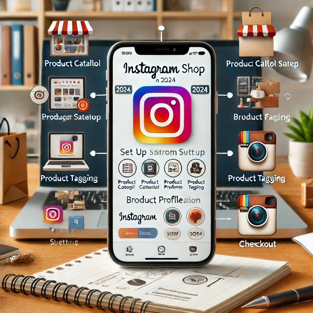 A smartphone displaying steps to set up an Instagram Shop, including icons for product catalog setup, business profile creation, product tagging, and checkout. The background shows a workspace with a laptop, notes, and shopping bags, representing the setup process.